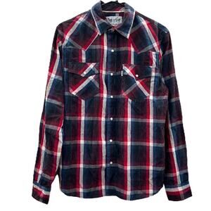 Levi Men's Black Blue Red White Plaid Long Sleeve Pear Snap Down Shirt Size‎ S